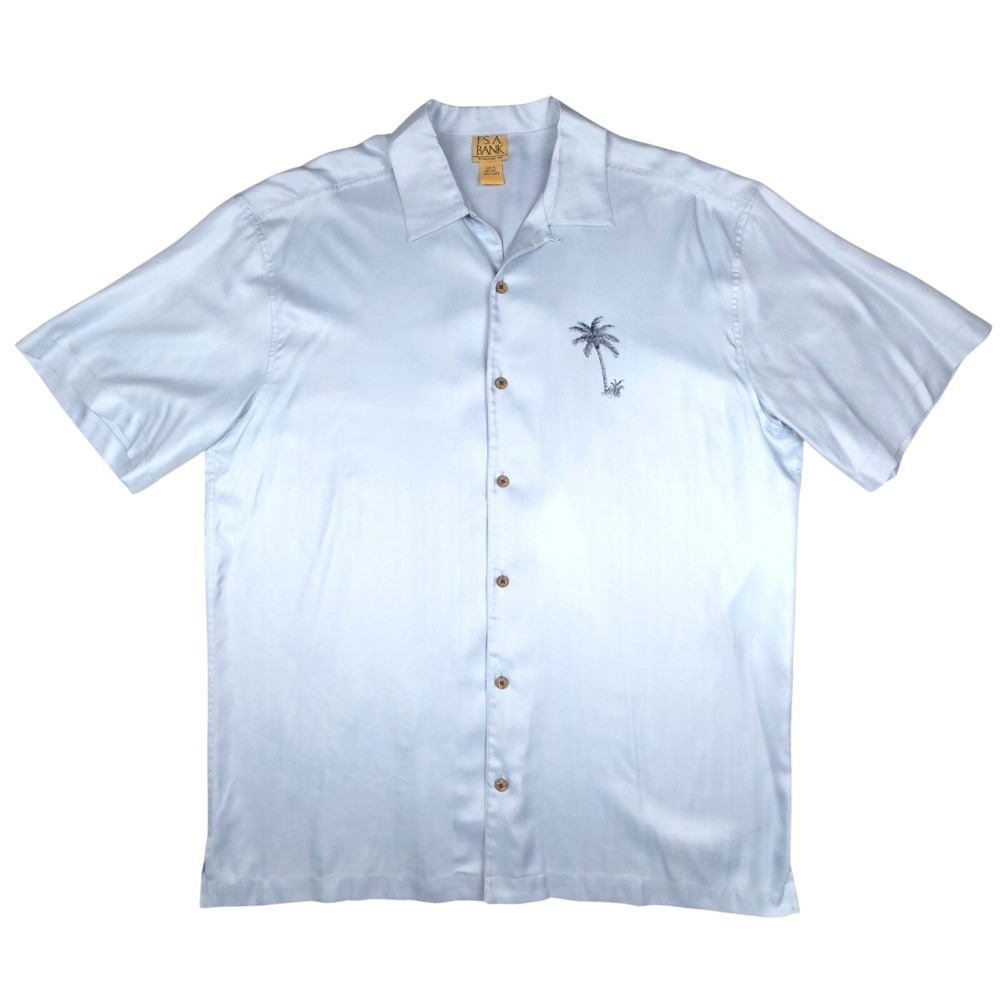 Jos A Bank Camp Shirt XL Light Blue Palm Tree Embroidered Silk Mens Short Sleeve